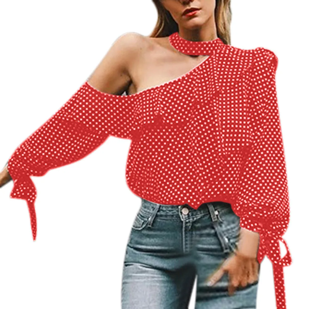 

Lady's shoulder Wave dot horn sleeve blouse shirt lady long sleeve loose blouse Vetement Femme #xqx