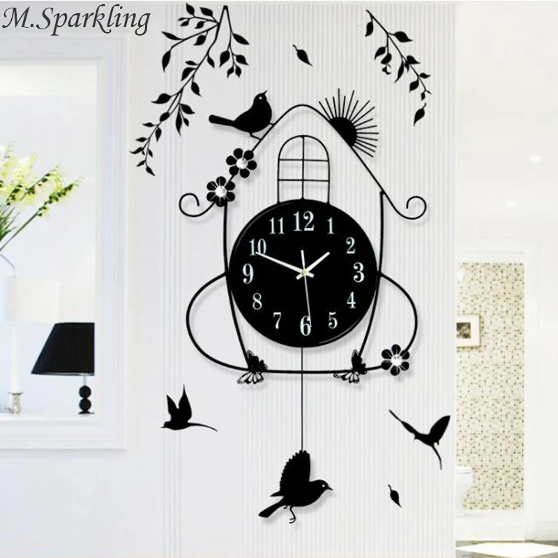 

M.Sparkling Wall Decorations Lively Spring Scene Magpie Flower Sun Wall Clocks Mute Home Hanging Wall Watches Chriatmas Gifts