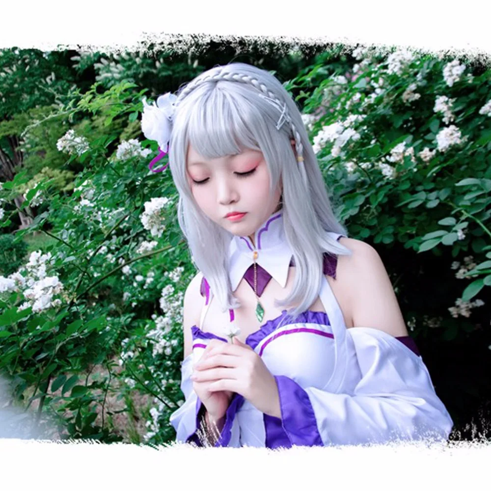 VEVEFHAUNG Re Zero Hajimeru Isekai Seikatsu Emilia костюм для косплея(платье* 1 шт., чулок* 2 шт., головной убор* 1 шт