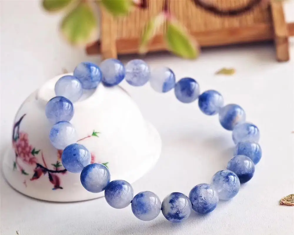 

Genuine Natural Blue Dumortierite Quartz Rutilated Crystal 9.7mm Women Men Bracelet Clear Round Beads Stone Rare Brazil AAAA