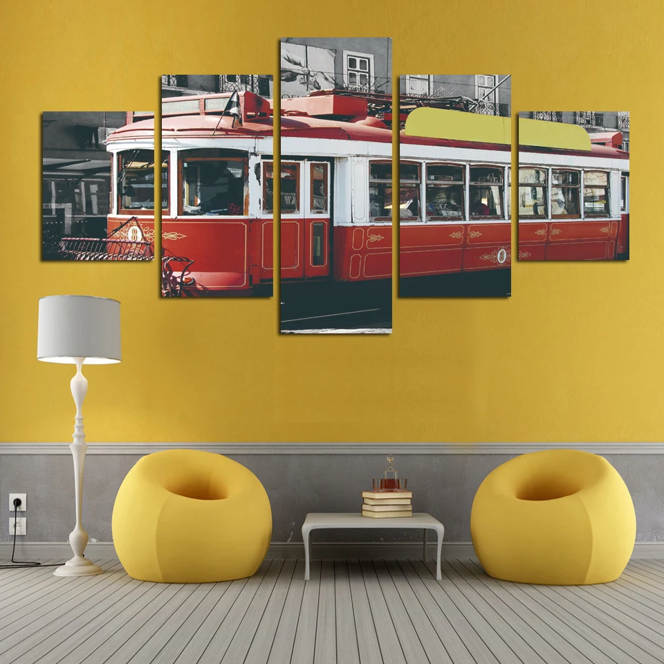 Modular Canvas Vintage Pictures HD Printed Wall Art Frame 5 Panel Red Train Painting Living Room Home Decor High Quality Poster | Дом и сад