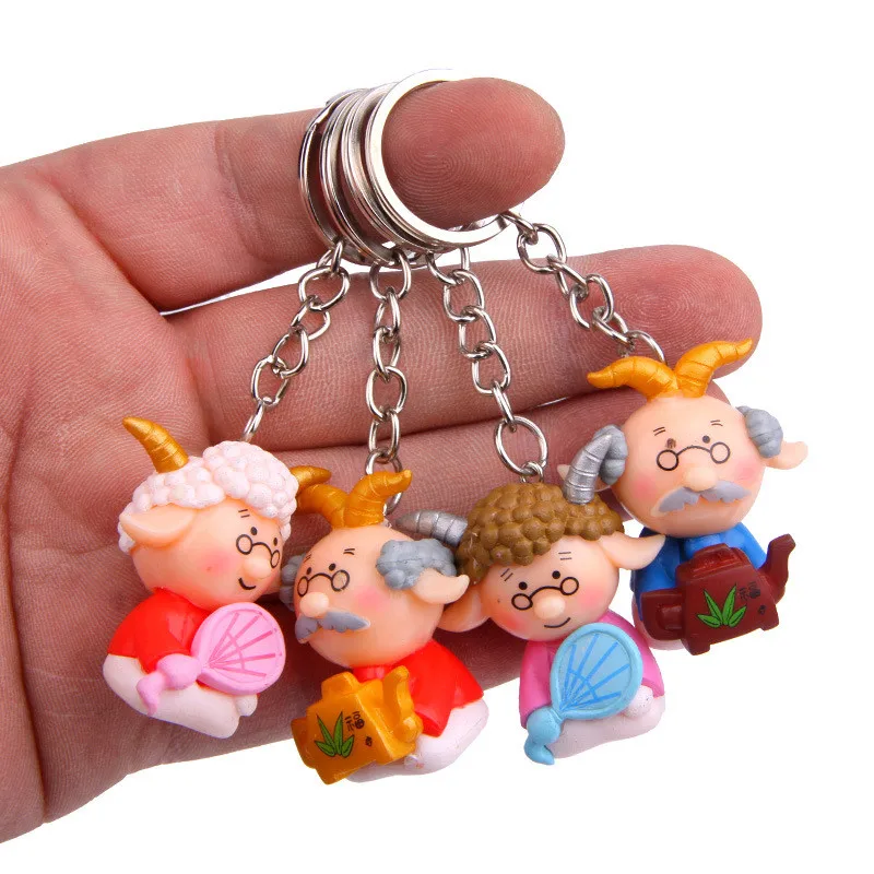 

4pcs/lot Cute Cartoon Goat Grandpa Grandma Keychain Keyring Trinkets Car Key Chains For Purse Bag Charms Pendant