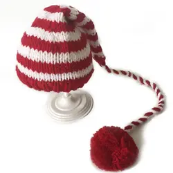 Детские шапки ручной вязки милые длинные хвосты Рождественская шапка реквизит для фотографии новорожденных красный белый в полоску