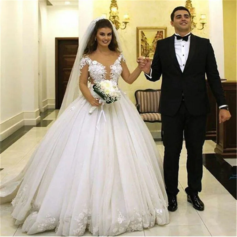 

Cap Sleeve V Neck Wedding Dresses 2020 Top Lace Appliques vestido de noiva white ivory Train Wedding Party Dress