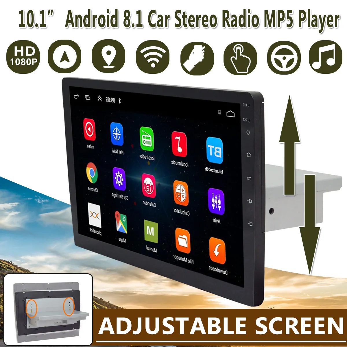 

9" / 10.1" Car Multimedia Player 1Din Stereo for Android 8.1 with Up Down Adjustable Screen Wifi bluetooth GPS Nav Radio Player