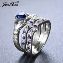 Junxin мужской женский Клэдда сердце кольцо стерлингового серебра 925 синее кольцо набор обещание Обручальные кольца для Для мужчин и Для женщин