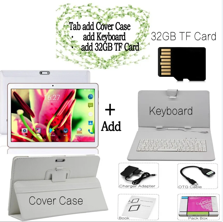 Новое обновление 10-дюймовый планшетный ПК с системой андроида и 7,0 4 ядра, 4 Гб+ 32G 3g Телефонный звонок Две сим-карты, Wi-Fi, gps Bluetooth 10,1 дюймов Планшеты - Комплект: Keyboard 32G TF case