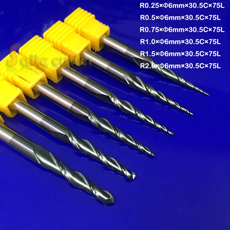 6 шт. различных кабельных наконечников, R0.25& 0,5& 0,75& 1,0& 1,5& 2,0 мм* 2F* D6* L75 HRC55 конических фрез со сферическим концом и конический резак с ЧПУ конусности фрезы