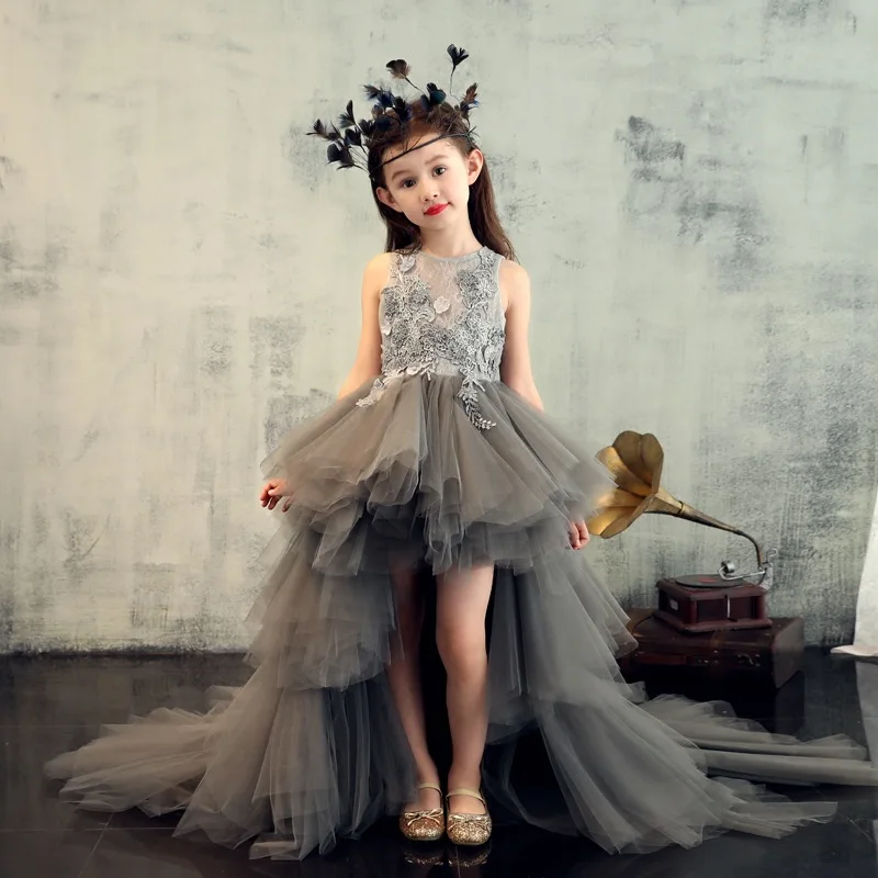 2019 Новое весеннее бальное платье для девочек, платья с цветочным узором для девочек на свадьбу, милое длинное серое бальное платье из тюля с