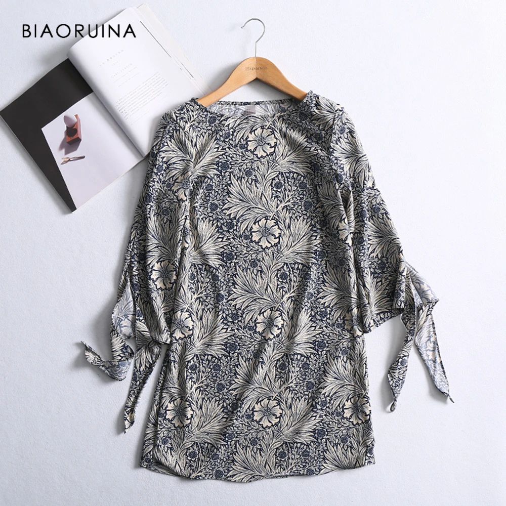 

BIAORUINA Women American Style Floral Printed Straight Dress Three Quarter Sleeve Female Vintage O-neck Summer Dress Vestidos