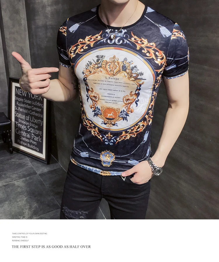 Весенние шелковые короткие футболки с принтом в Корейском стиле, Клубные вечерние футболки в стиле барокко для мужчин, Pantalon Moda Hombre Camiseta Hombre Manga Corta
