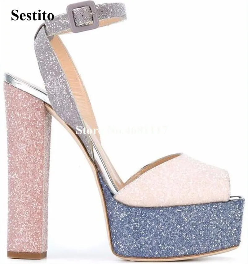 

New Fashion Women Bling Bling Pep Toe Sequined High Platform Sandals Ankle Strap Cut-out Super High Heels Thick Heel Shoes