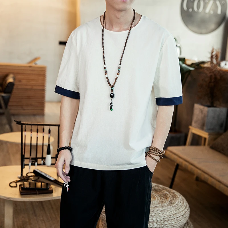 

Men Chinese Style Casual Short Sleeve T-shirt Male Cotton Linen Loose Tees Shirts Plus Size T Shirts