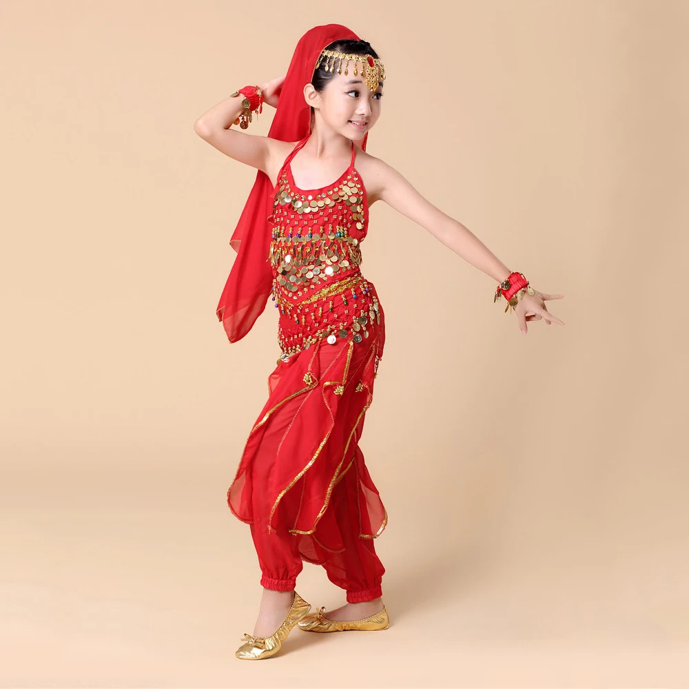 Новая детская одежда для танца живота, 5 шт.(топ+ штаны+ цепочка на талии+ браслет+ головной убор), индийская одежда, танцевальный костюм Болливуд для девочек