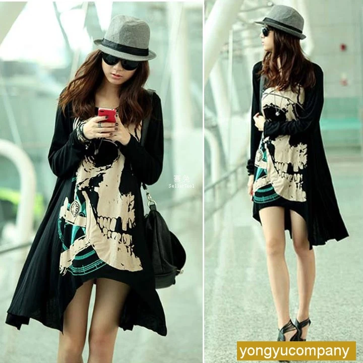 Women Cool Punk Hippie Skull Bone Head Printed Irregular Batwing Loose | Женская одежда