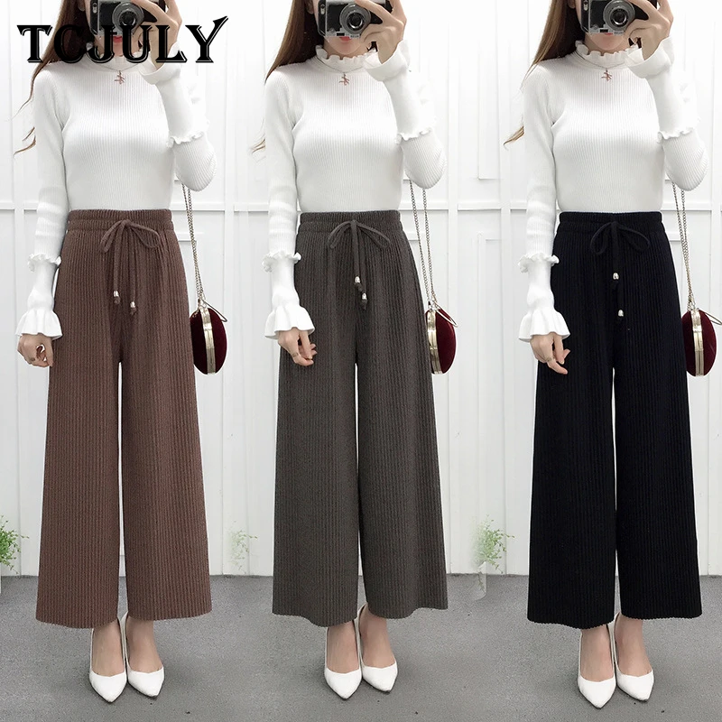 

TCJULY Spring Autumn Winter Streetwear Pleated Wide Leg Pants Women High Waist Drawstring Trousers Solid Warm Loose Casual Pants