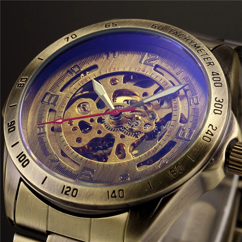 Antique Design Automatic Skeleton Mechanical Watches Vintage Stainless Steel Men's Wristwatch Steampunk Clock Male Bronze Clock