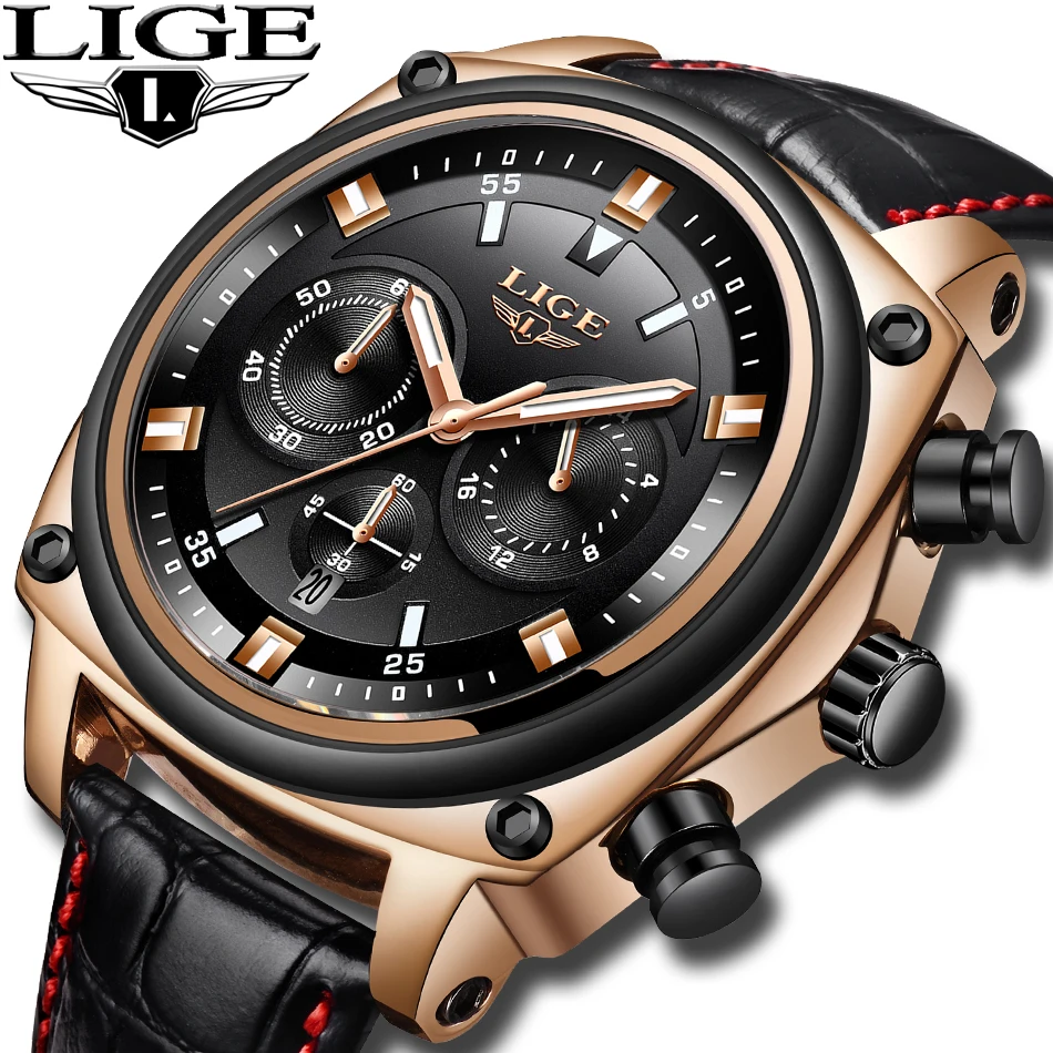 

LIGE Watch For Men Waterproof Sport Chronograph Date Calendar Quartz Watches Mens Luxury Business black Leather Wristwatches