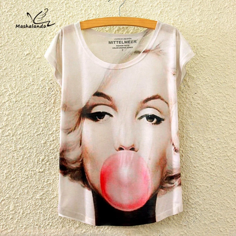 

2019 Newest Summer Women Printed T-shirt Marilyn Monroe Blowing Bubble Gum Tshirts Lady Fashion Batwing Sleeve T Shirts