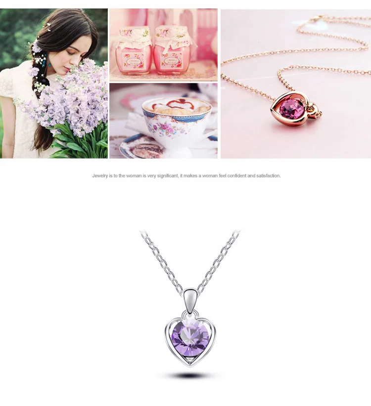 Moonrocy, Розовое золото Цвет Кристалл ожерелье серьги кольцо браслет ювелирный набор в форме сердца фиолетовый зеленый для женщин