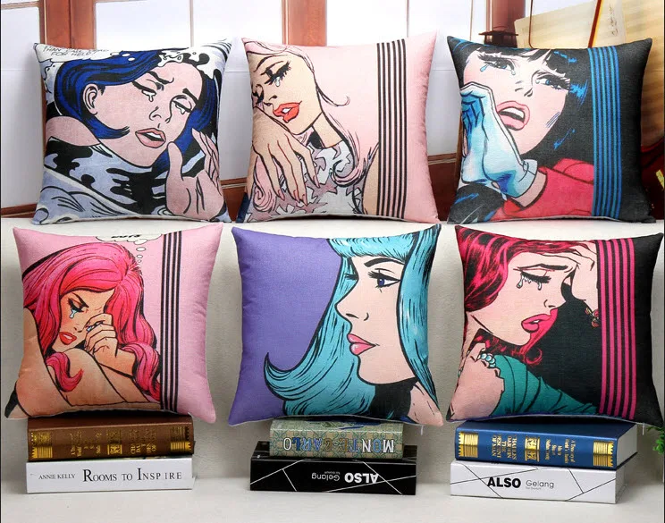 

The Crying Girl POP ART Classic Throw Massager Decorative Vintage Pillow Fiber Flax Emoji Pillows Cover Home Decor Gift