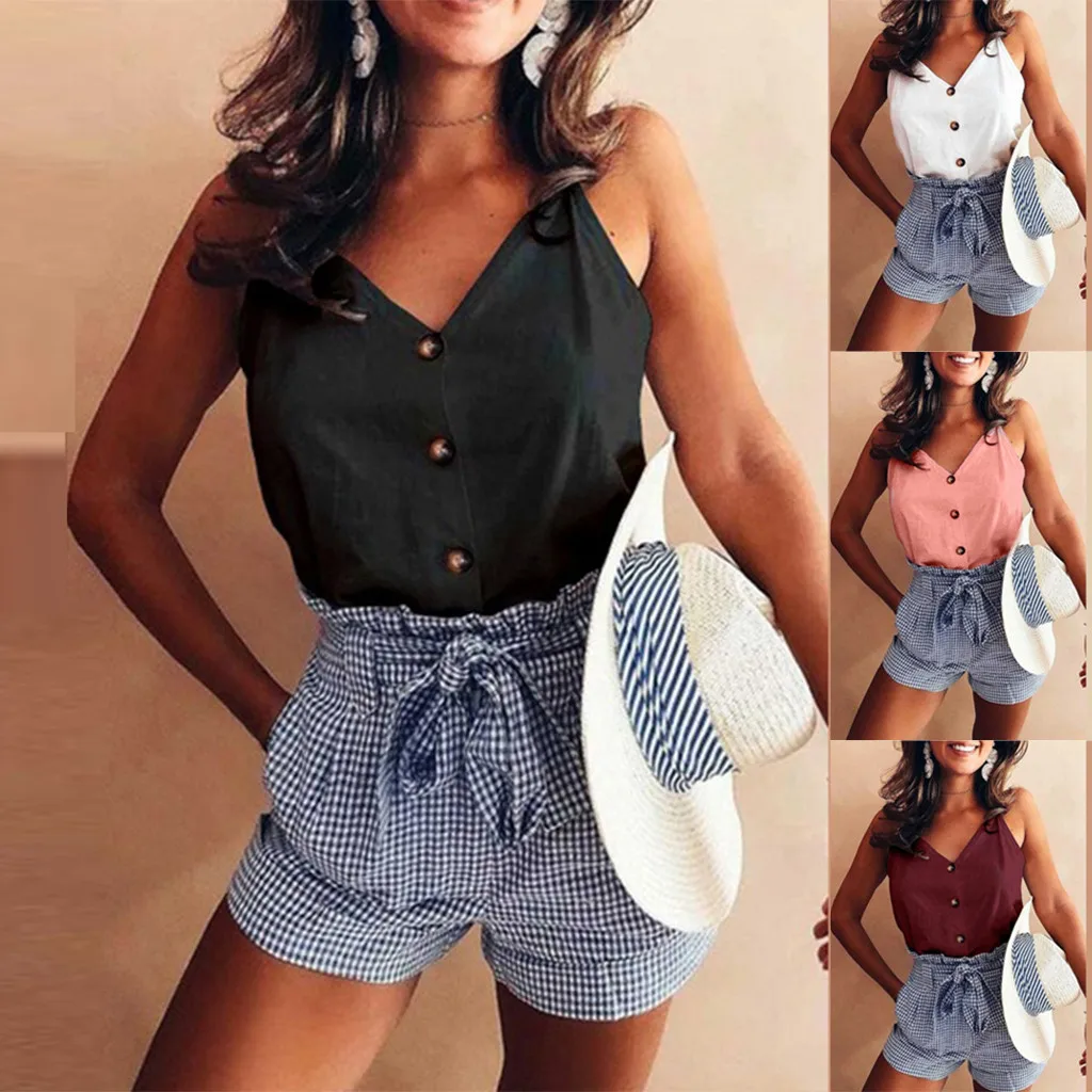 

Women's Sleeveless V-neck Solid Color Sling Top female summer Casual Buttons Camis Tops ladies shirt top camiseta mujer tirantes