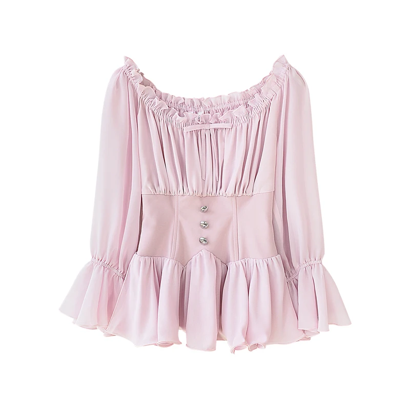 Dabuwawa осенние шифоновые блузки с открытыми плечами и оборками для девочек, женские новые розовые милые элегантные рубашки с расклешенными рукавами, топ D18CCF006 - Цвет: Розовый