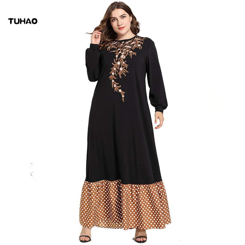 

TUHAO 2019 Large Size 4XL 3XL Muslim Dresses Women's Knitted Embroidered Long Sleeve Arabian Vintage Retro Female Dress LZ08