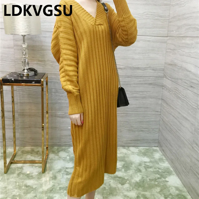 

Korean Autumn Winter V-Neck Large Size Loose Long Pullover Sweater 2018 New Female Solid Color Thicken Knit Dress Is1114