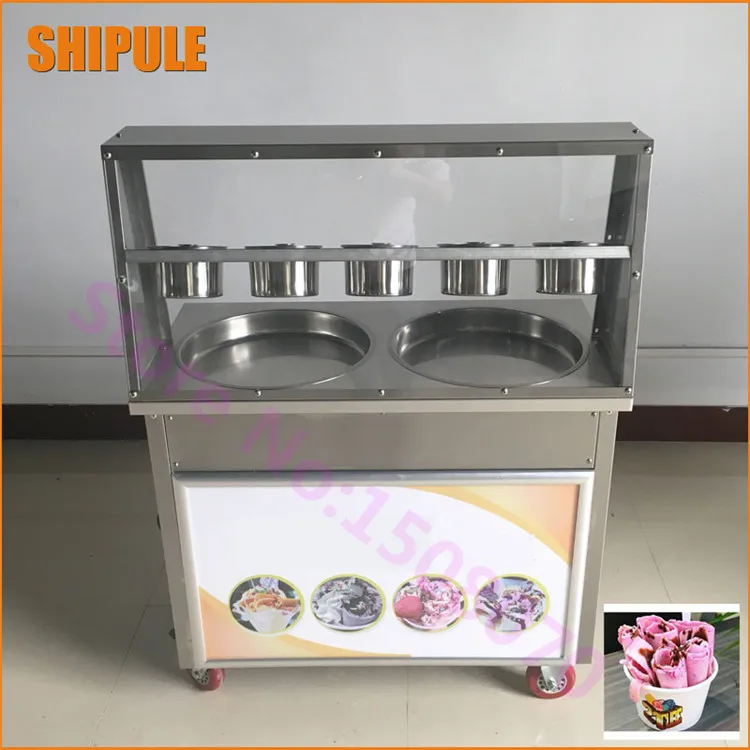 Thailand double round pan fry ice cream machine fried ice cream roll machine with 5 cooling tanks 2016 new double round pan fry ice cream roll machine 45cm 2800w luxurious intelligent double pan milk roller with r410a