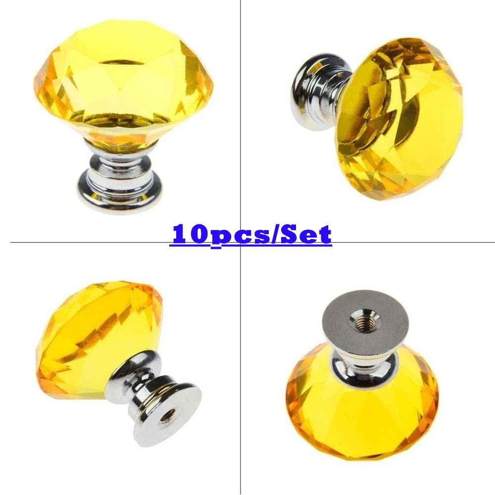 10PCS/Set Glass Diamond Pulls Knobs Yellow Metal Crystal Door Handles