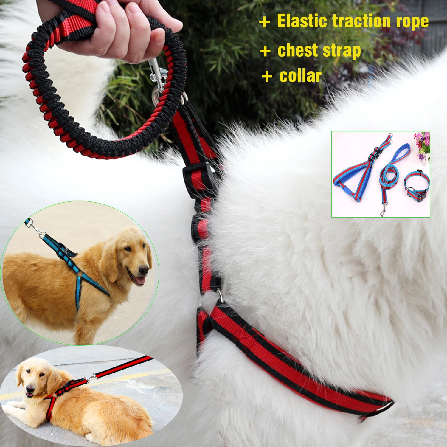 

A set of three pieces Pet leash Automatic extension rope Dog chest strap Dogs rope chain Adjustable collar strap Traction suit