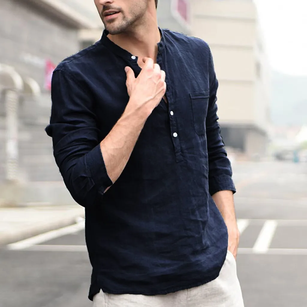 

Men Shirt Autumn Men Vintage Pure Color Button Linen Solid Long Sleeve Retro Shirts Tops Blouse Shirt Men Casual