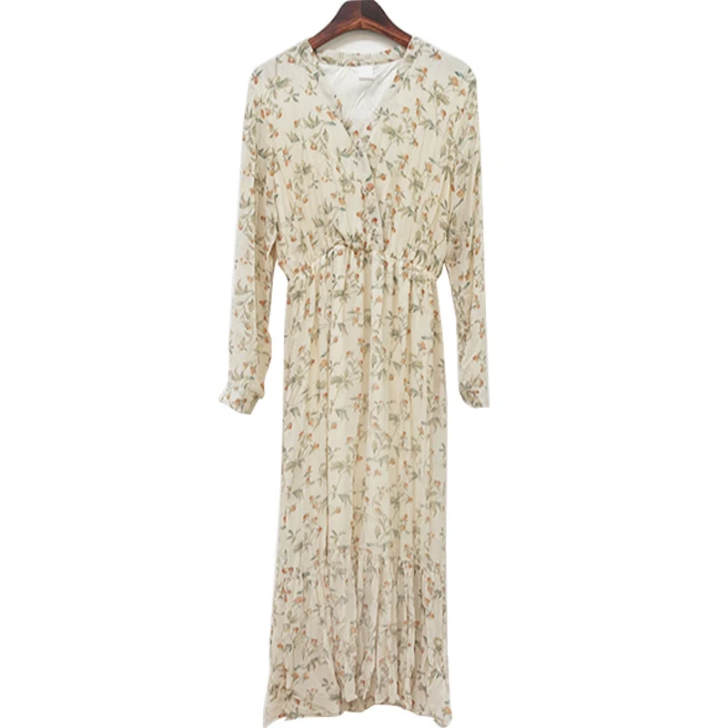 BGTEEVER Elegant Ruched Floral Print Women Summer Dress Sexy V-neck Full Sleeve Female Long Dresses 2019 Summer Chiffon Vestidos