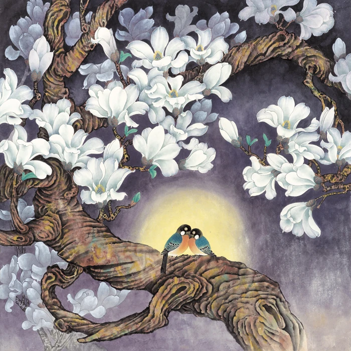 Chinese birds magnolia flower tree moon scenery oil painting canvas