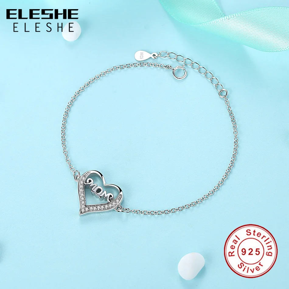 ELESHE Cubic Zirconia Mom Heart Bracelets & Bangles 925 Sterling Silver Fashion Jewelry Adjustable Hand Chain Gift For Women