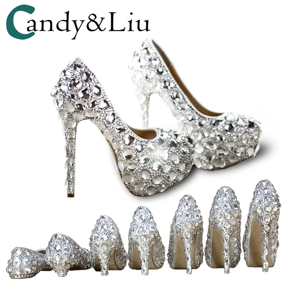 Crystal Shoes Cinderella Women Heels For Evening Party Glittering Round Toe Custom Silver Rhinestone Wedding Pumps Size 9 Crystal Shoes Cinderella Women Heels For Evening Party Glittering Round Toe Custom Silver Rhinestone Wedding Pumps Size 9