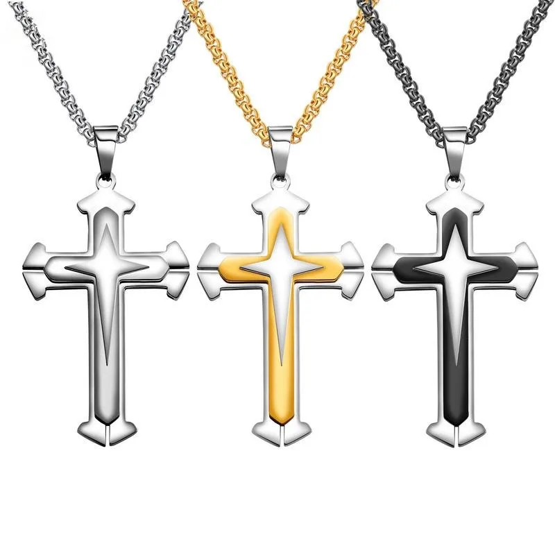 Mens Cross Necklaces Gold Silver Black Titanium Steel Pendant Fashion