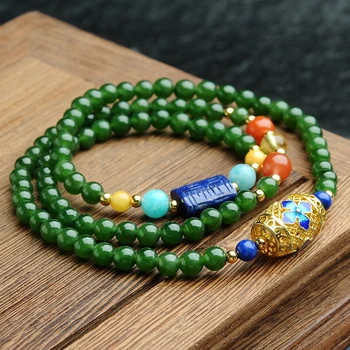 

Natural jade beads bracelet spinach green original folk style circle around the three women and Tian Yu bracelet with certificat