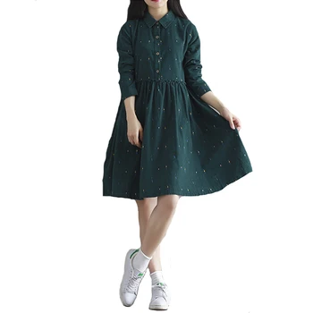 

2018 New Spring Green Vestidos Women Cotton Vintage Dress Mori Girl Long Sleeve Floral Printed Female Corduroy Dresses RE0251