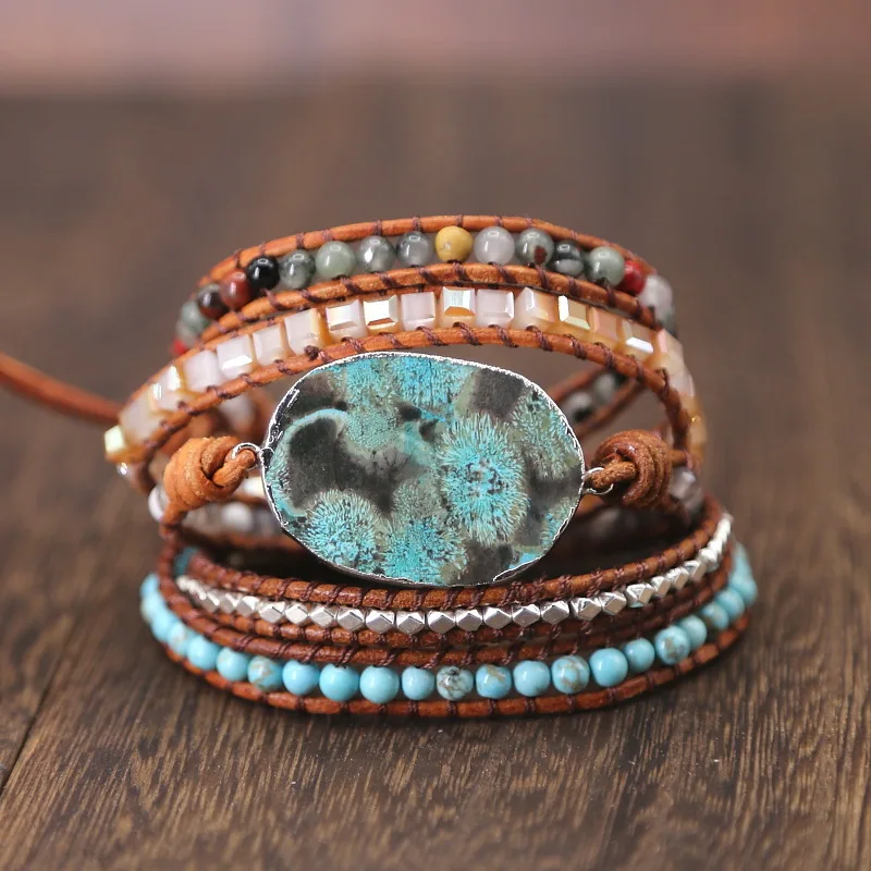 

Europe and the United States retro natural marine stone bracelet multi-layer hand-woven bohemian leather jewelry bracelet