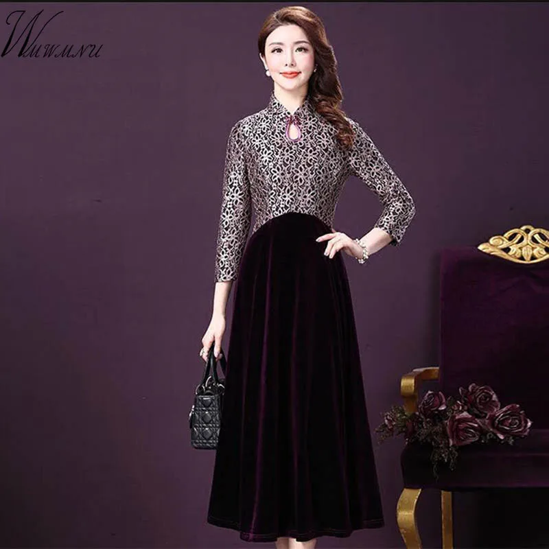 

Women Elegant Lace embroidery splice Dress Purple Velvet A-Line skinny Thin Party Maxi Dress Spring Autumn 2019 Vestidos