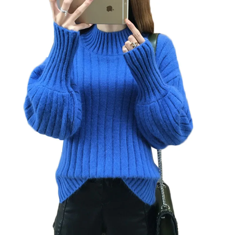

2018 NEW Autumn Winter Women Knitted Sweaters Pullovers Half Turtleneck Lantern Long Sleeve Solid Loose Elasticity Sweater AA280