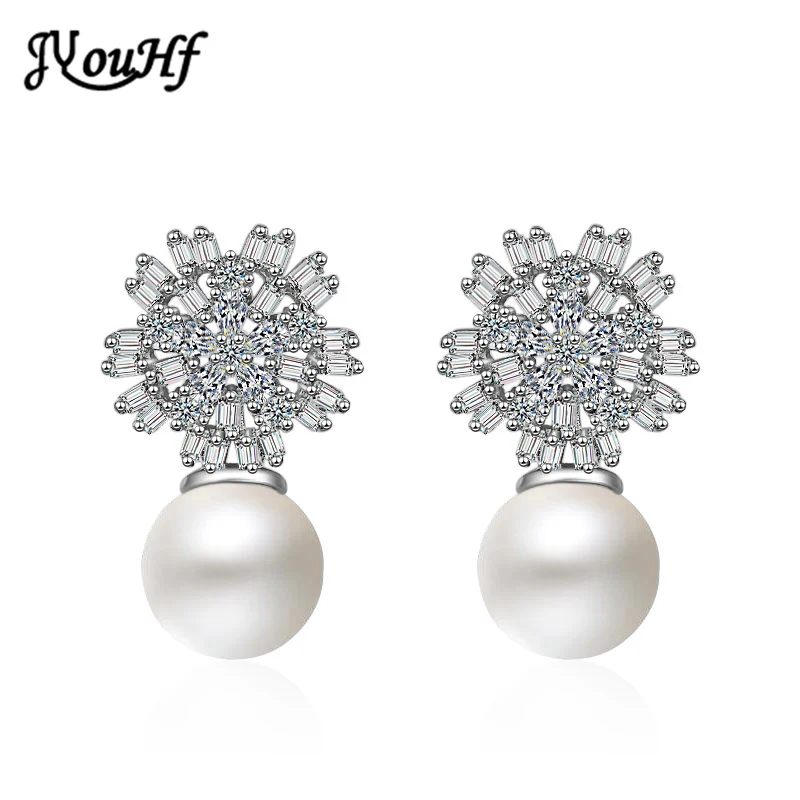 

JYouHF 2018 Luxury Pearl Flower Earrings for Women Wedding Engagement Jewelry Fashion Cubic Zircon Crystal Stud Earrings Brincos