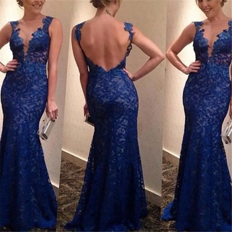 

New Sexy Women Backless Straps Deep Blue vestidos Mermaid Lace V-Neck Party Dresses Solid Fashion Sleeveless Long Dress