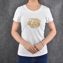 Дизайн бисер цветочный принт Топы корректирующие мода лето г. повседневная женская футболка короткий рукав O образным вырезом футболк