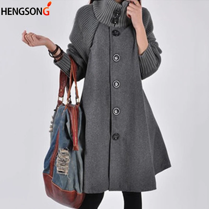 Spring Autumn winter cloak knit Warm Woolen Coat Female single-breasted windbreaker long-sleeved high trench Coat streetwear