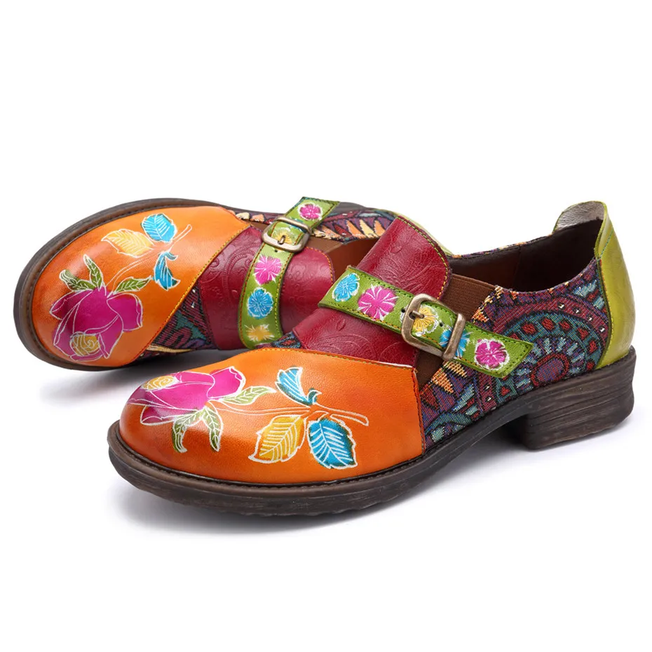 Vintage Flat Shoes Women 2019 Genuine Leather Oxfords Bohemian Jacquard Patchwork Zipper Flats Retro Casual Ladies Shoes Woman (3)