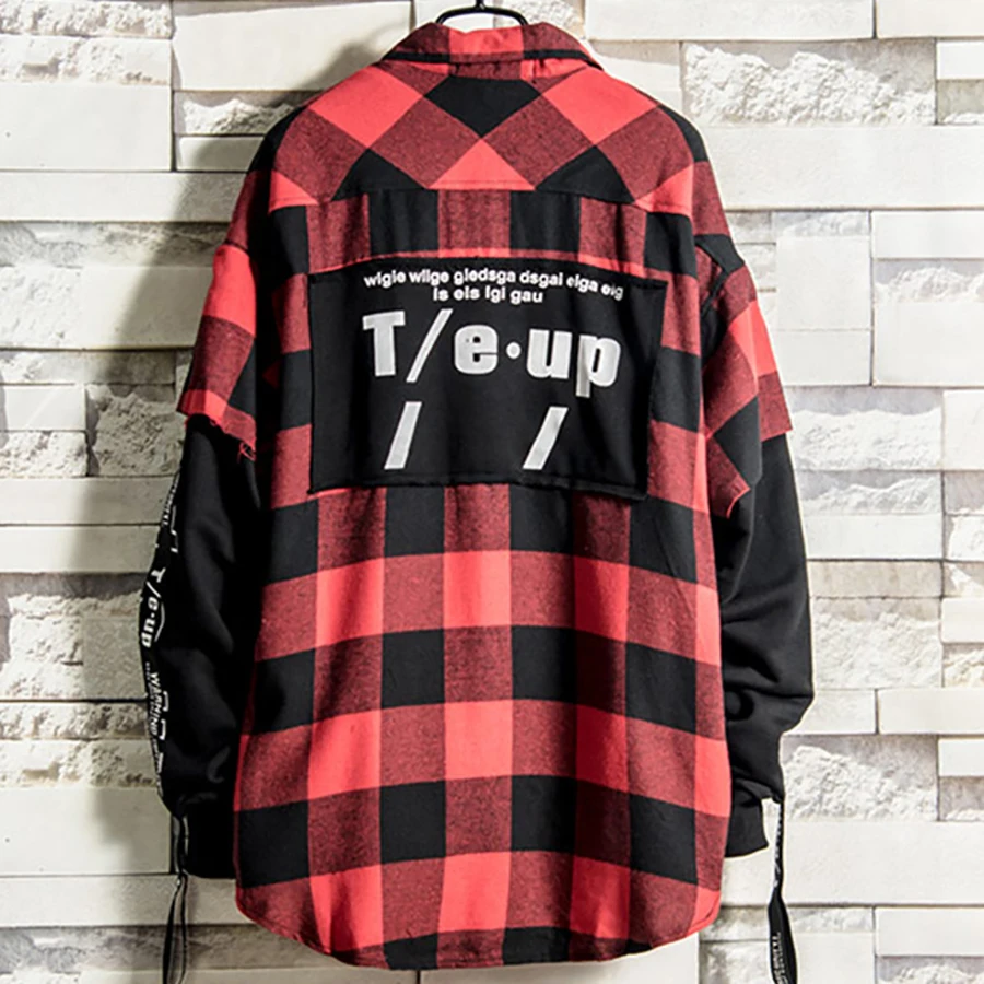 Мужская клетчатая рубашка черная и красная в стиле хип хоп|shirt korean|patchwork shirt menfashion