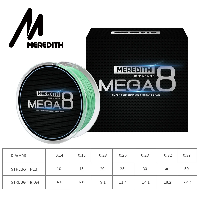 ميريديث Mega8 خيط صنارة الصيد 300 M 8 حبلا ينسج صنارة صيد بولي ايثيلين مجدول حبل المتعددة الشعيرات 10LB 15LB 20LB 25LB 30LB 40LB 50LB